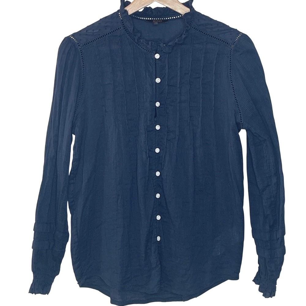 Quince Navy Blue Ruffled Neck Pintuck Button Up Long Sleeve Blouse XS